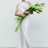 Ada - Triangle Neck Feathered Satin Maxi Dress