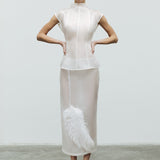 Jemma - Silk Organza Midi Skirt With Leaf Feather Detail