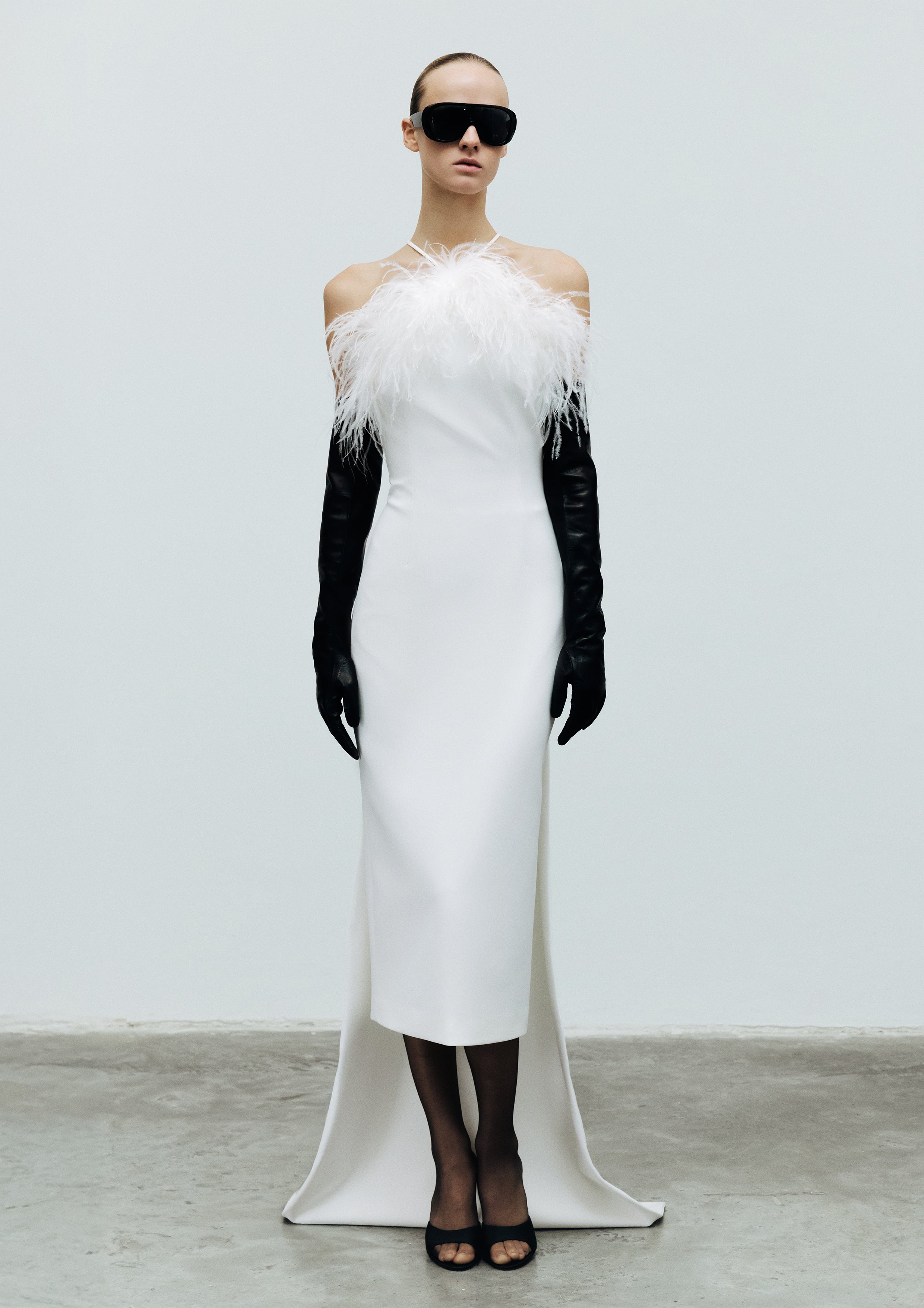 Bex-Triangle Neck Feathered Midi Dress
