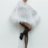 Dee - Neck-Tie Feather-Detail Short Cape