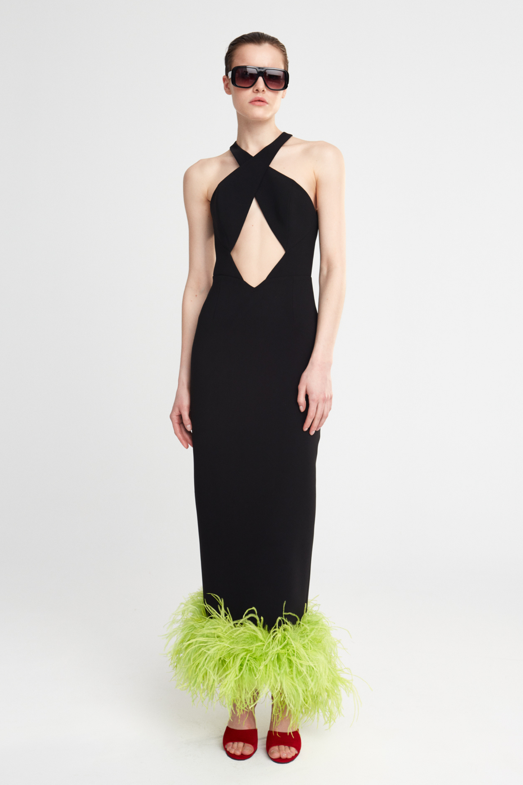 EVA - FEATHER TRIMMED CROSSOVER NECK DRESS WITH OPEN BACK
