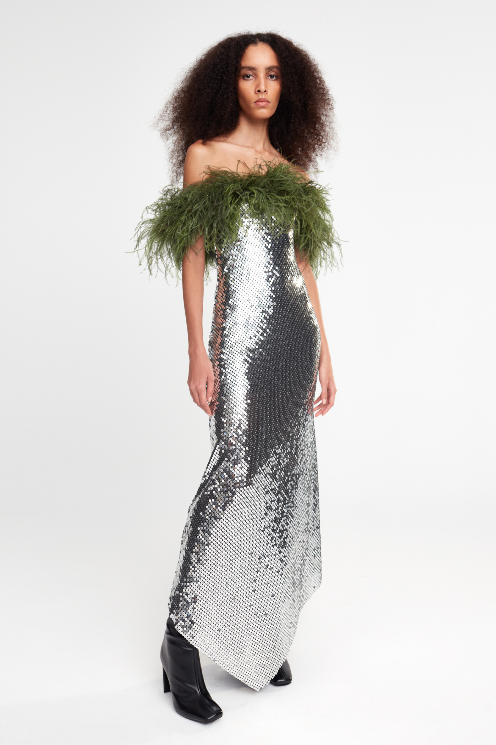 JANIS - STRAPLESS SEQUIN DRESS WITH FEATHERS