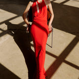 Anya - Cowl Neck Maxi Jersey Dress with Cut-Outs in Red