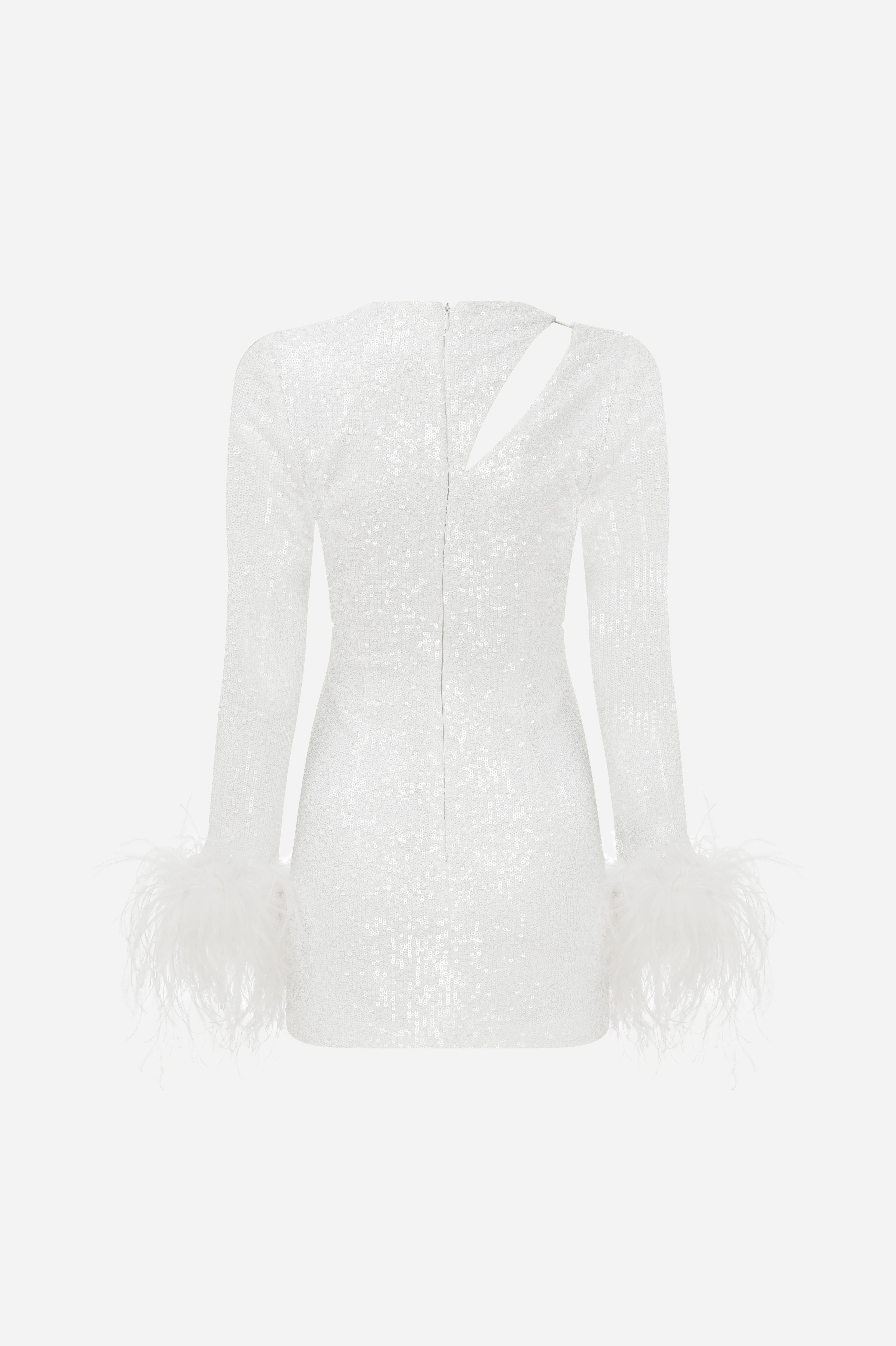 Audrey - Mini Sequin Dress with Cutout Details on Shoulder and Feather Trim on Sleeves