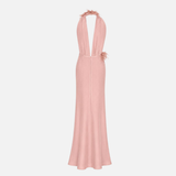 Carey-V-Neck Feathered Maxi Dress in Blush Pink
