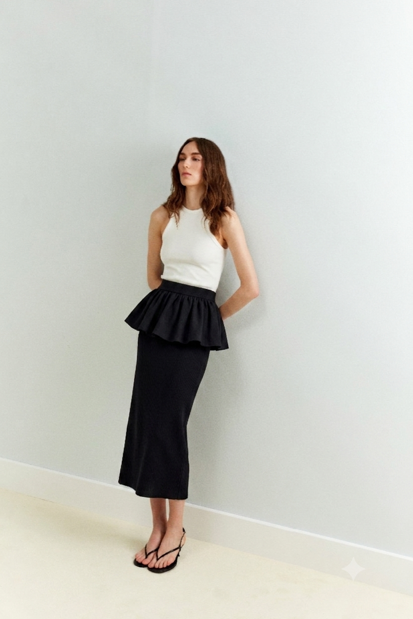 Rachel-Midi Skirt With Peplum in Black