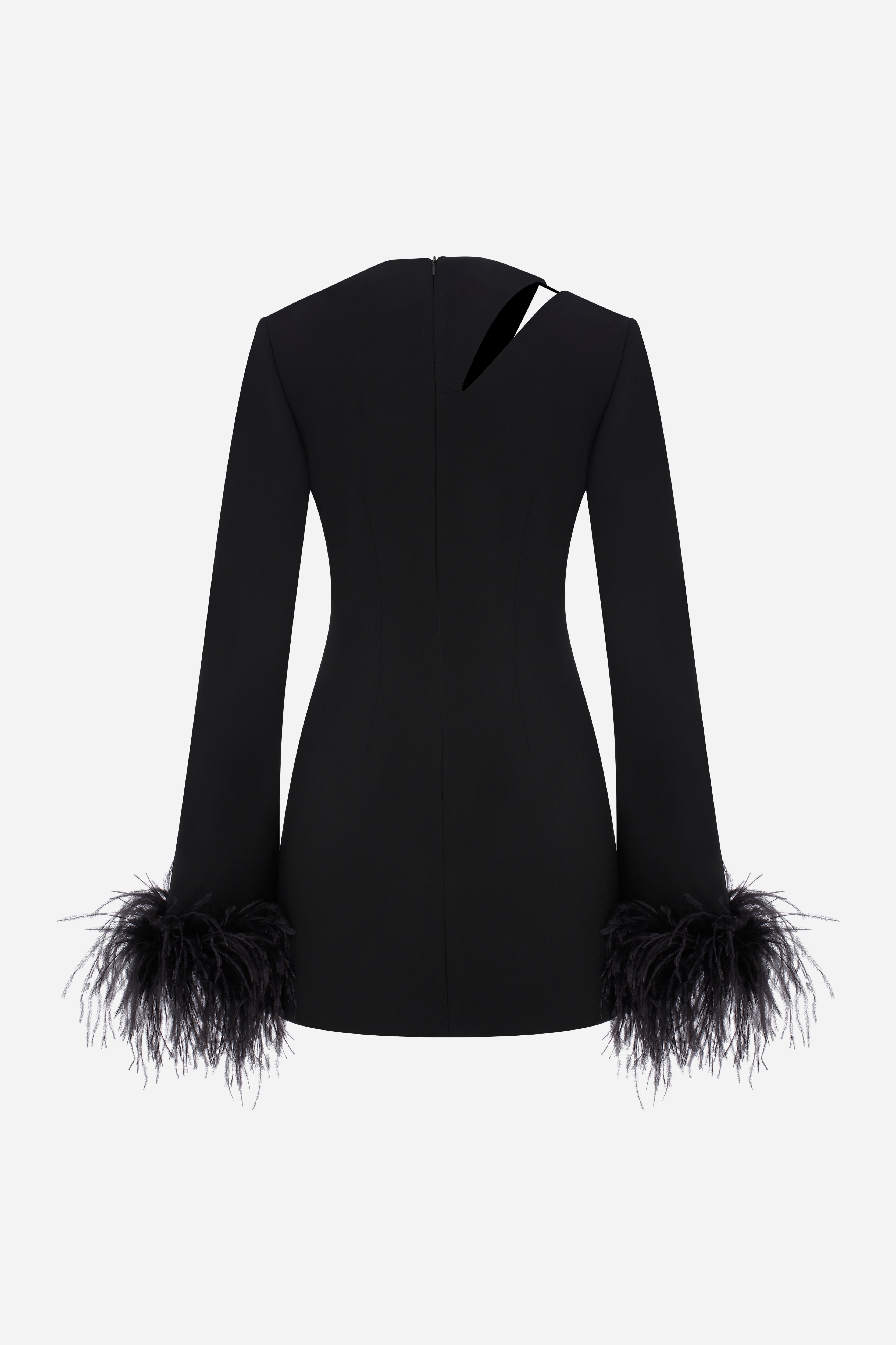 AUDREY - MINI DRESS WITH CUTOUT DETAILS ON SHOULDER AND FEATHER TRIM ON SLEEVES