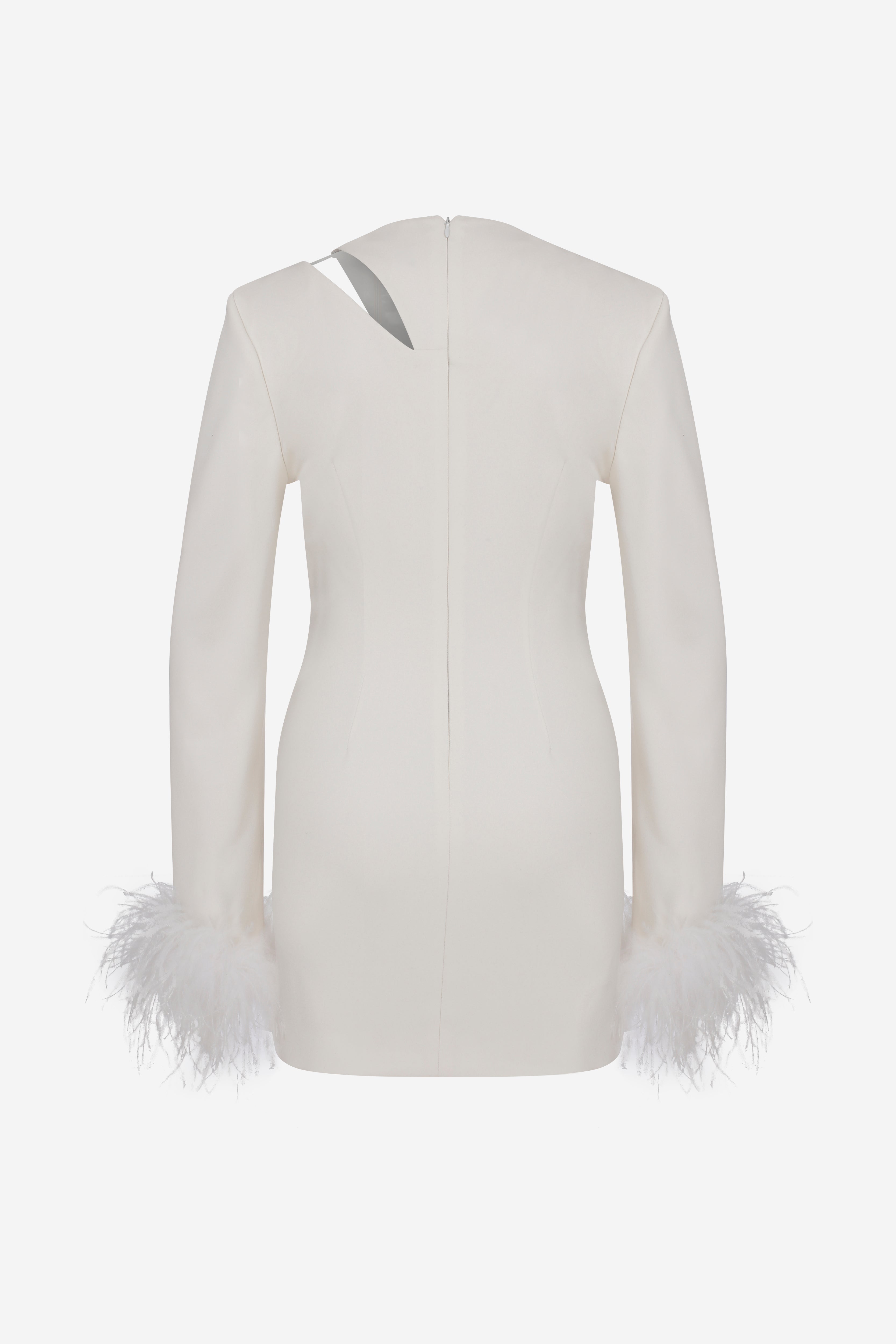 Audrey - Mini Dress with Cutout Details on Shoulder and Feather Trim on Sleeves