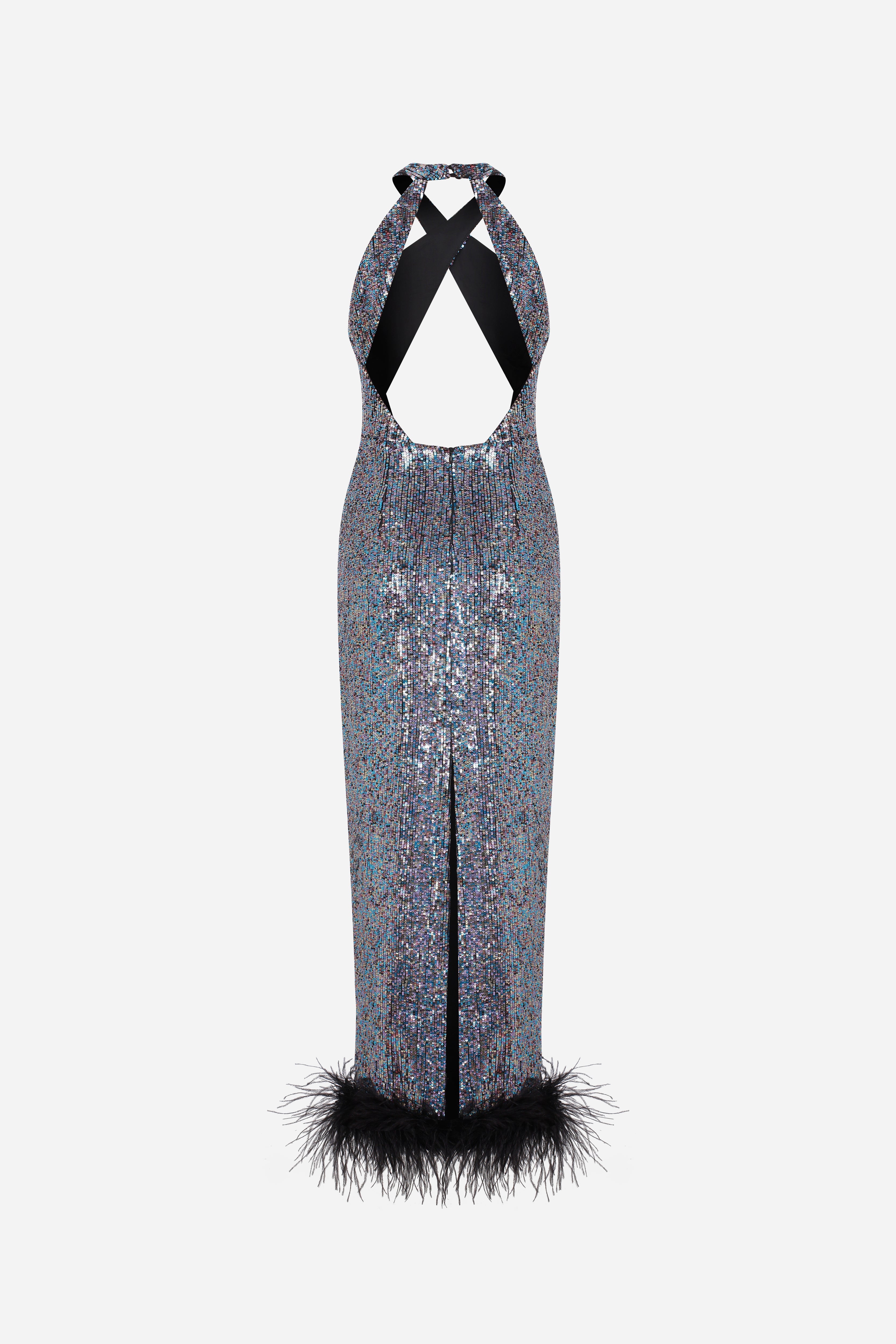 EVA - FEATHER TRIMMED CROSSOVER NECK SEQUIN DRESS WITH OPEN BACK