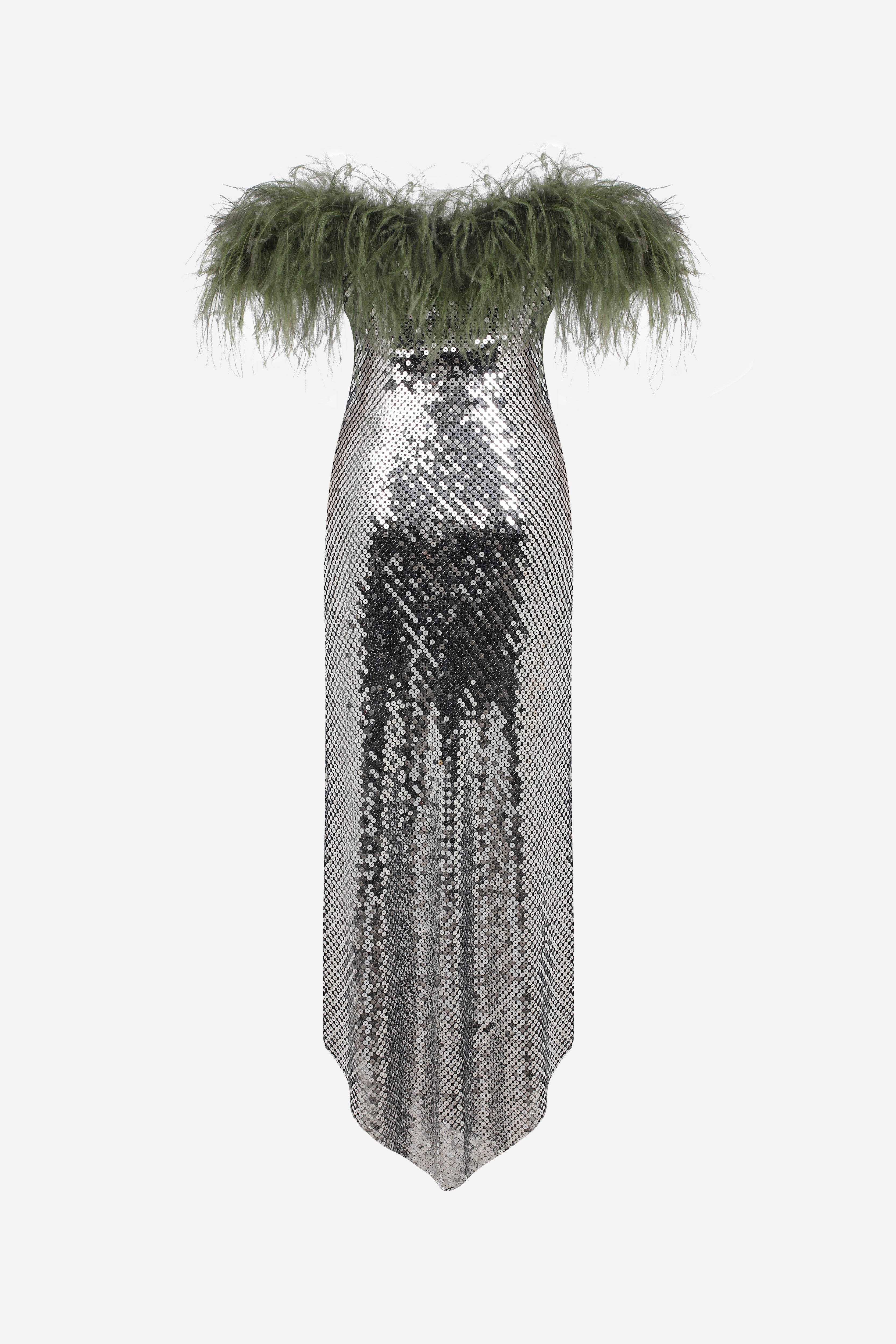 JANIS - STRAPLESS SEQUIN DRESS WITH FEATHERS