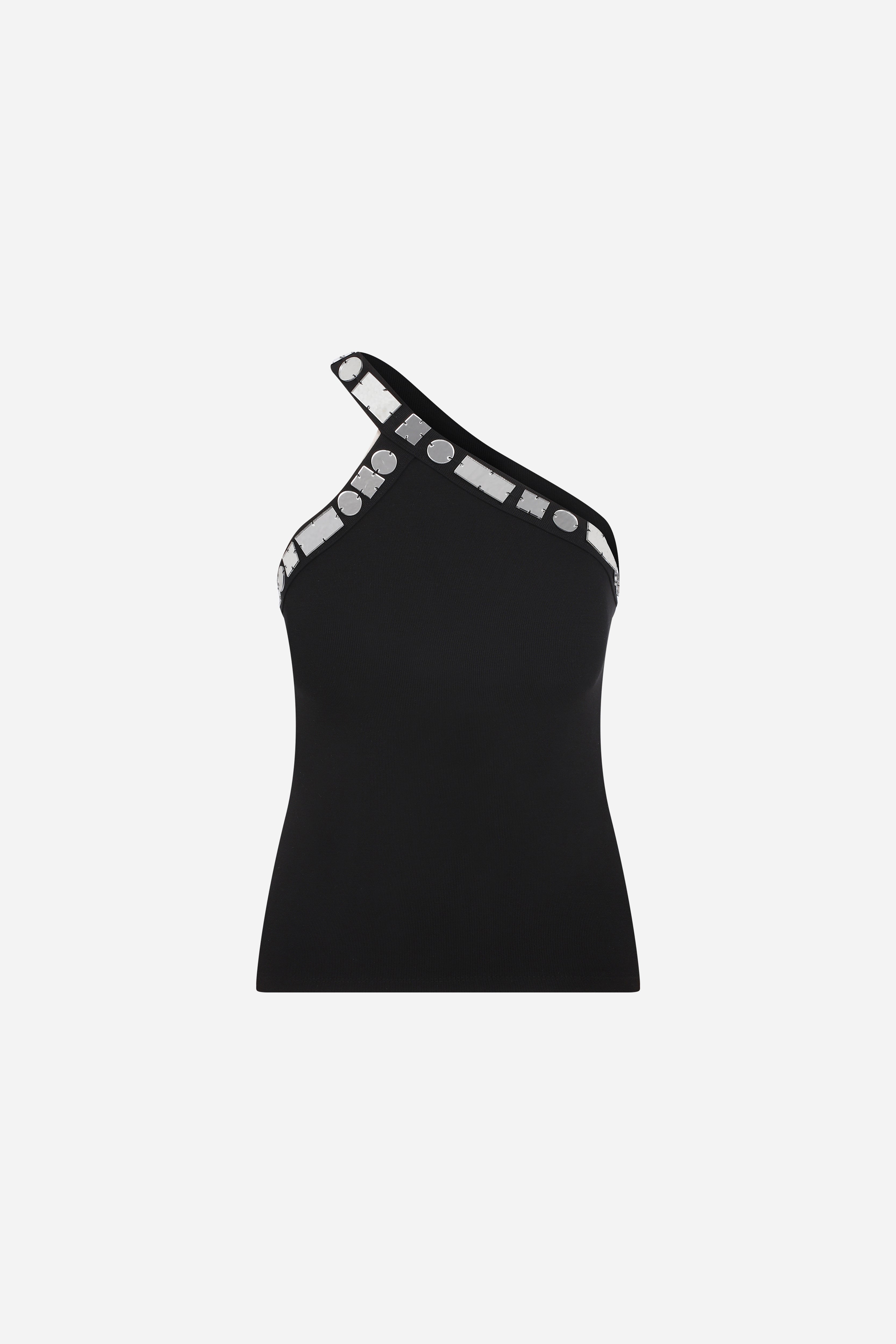 VANESSA -ONE SHOULDER TANK TOP WITH HAND STITCHED MIRRORS in BLACK