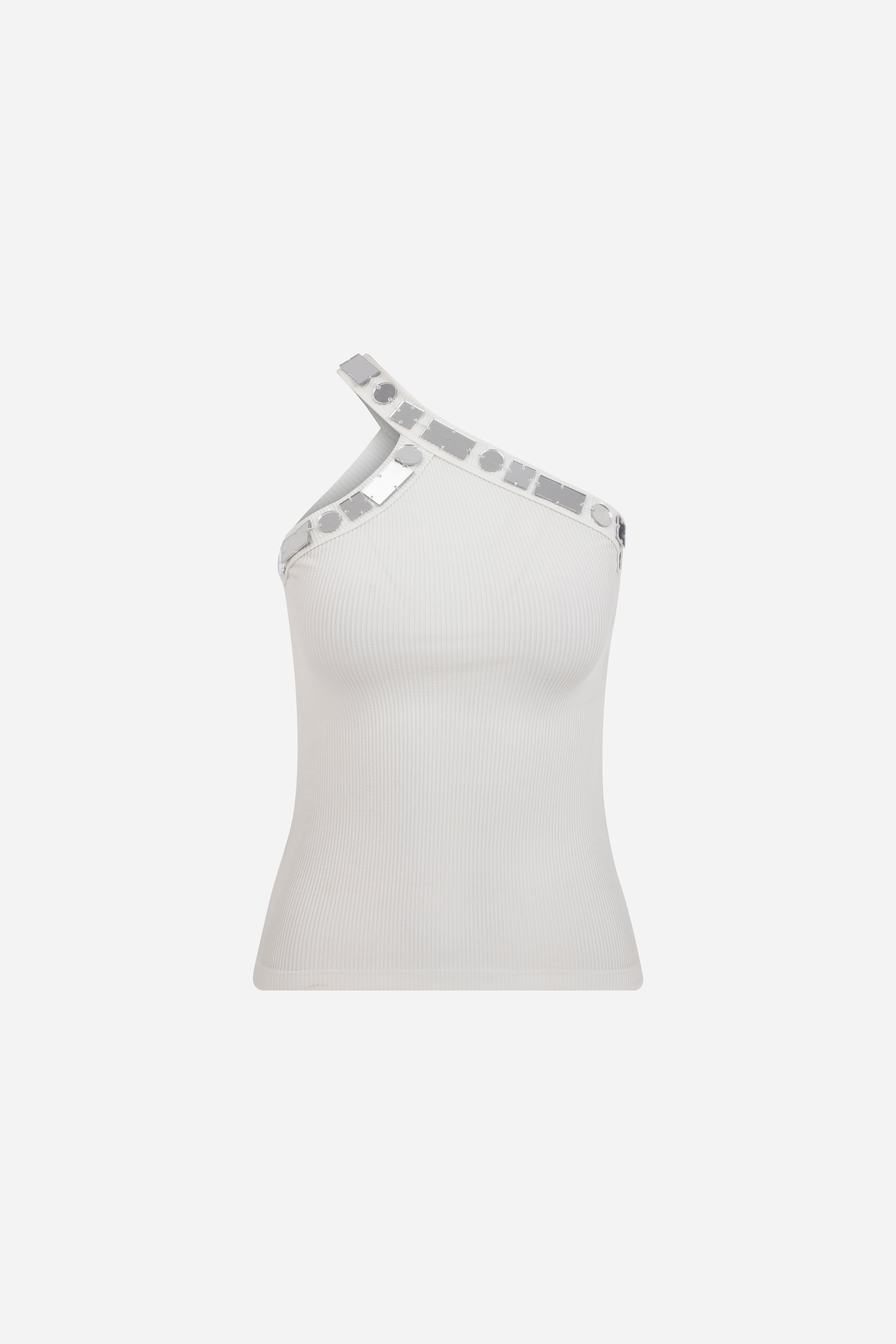 VANESSA - ONE SHOULDER TANK TOP WITH HAND STITCHED MIRRORS in WHITE