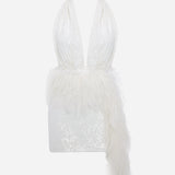 Flora - Deep V Neck Feather Embellished Mini Sequin Dress
