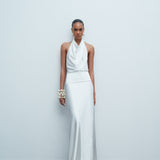 Sidney - Draped High Neck Bias Cut Satin Maxi Dress With Tuxedo Belt