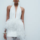 Flora - Deep V Neck Feather Embellished Mini Sequin Dress