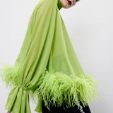 Lilia Ruched Chiffon Blouse with Feather Trim in Pistachio Green