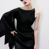 Noa Silk Organza Boat-Neck Mini Dress with Lace Underlay in Black