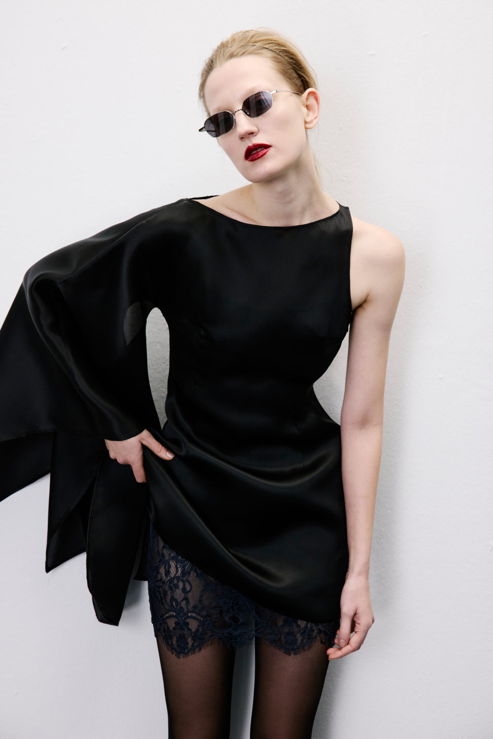 Noa Silk Organza Boat-Neck Mini Dress with Lace Underlay in Black