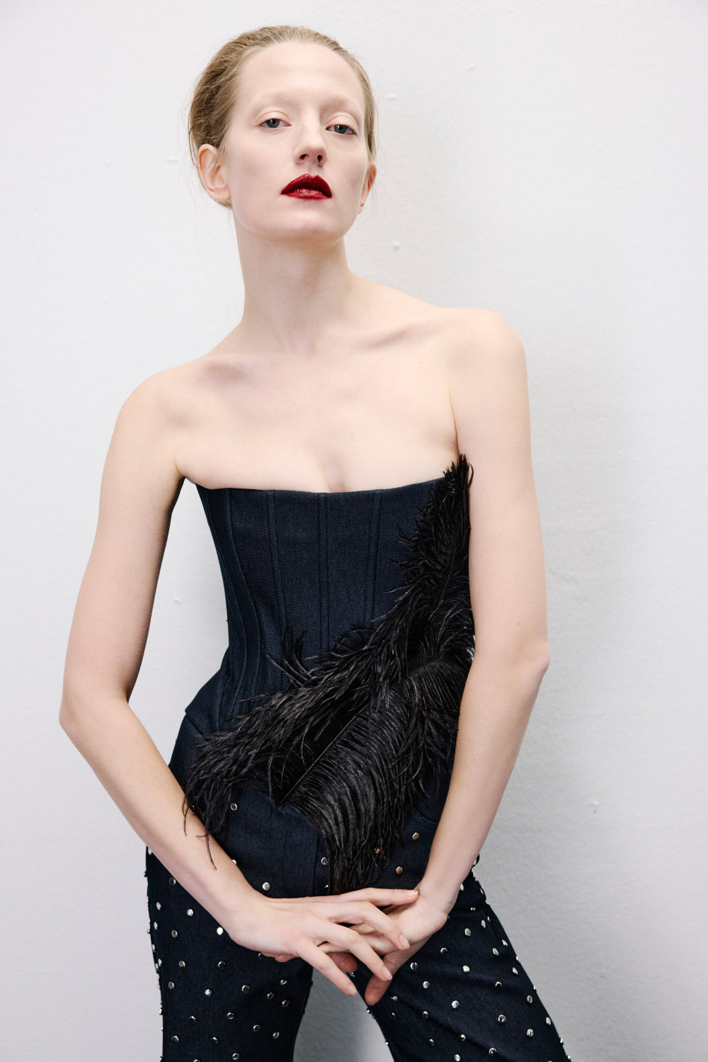 Cora Strapless Denim Corset with Hand-Crafted Leaf Feather Detail in Indigo