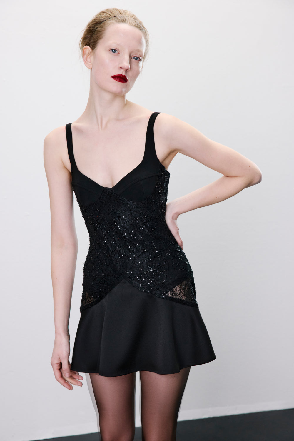 Elia Satin and Sequin Mini Dress with Corset Bodice in Black