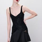 Elia Satin and Sequin Mini Dress with Corset Bodice in Black