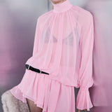 Brigitte High-Neck Draped Chiffon Mini Dress in Pink