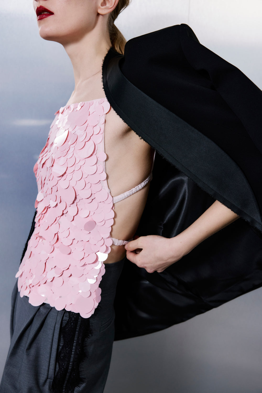 Cassie Open-Back Sequin Top in Pink Sequin