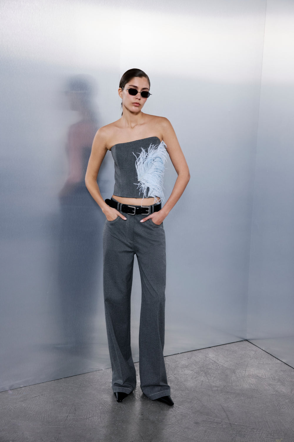Sara Trousers with Metallic Stitching in Grey