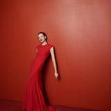 Anita Short-Sleeve Maxi Dress with Train in Red