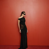 Carmen Boat-Neck Maxi Dress with Chiffon Detail in Black