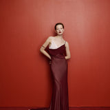 Solace Cowl-Neck Chiffon Maxi Dress in Burgundy
