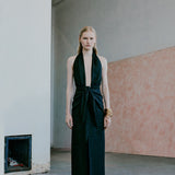 Simi-V Neck Linen Dress With Knot Detail in Black
