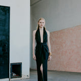 Simi-V Neck Linen Dress With Knot Detail in Black