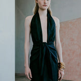 Simi-V Neck Linen Dress With Knot Detail in Black