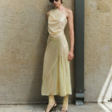 Breeze-One-Shoulder Draped Sequin Midi Dress With Back Detail in Yellow Sequin