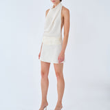 Elsa-Draped High-Neck Satin Mini Dress With Hand-Beaded Mother-Of-Pearl Belt