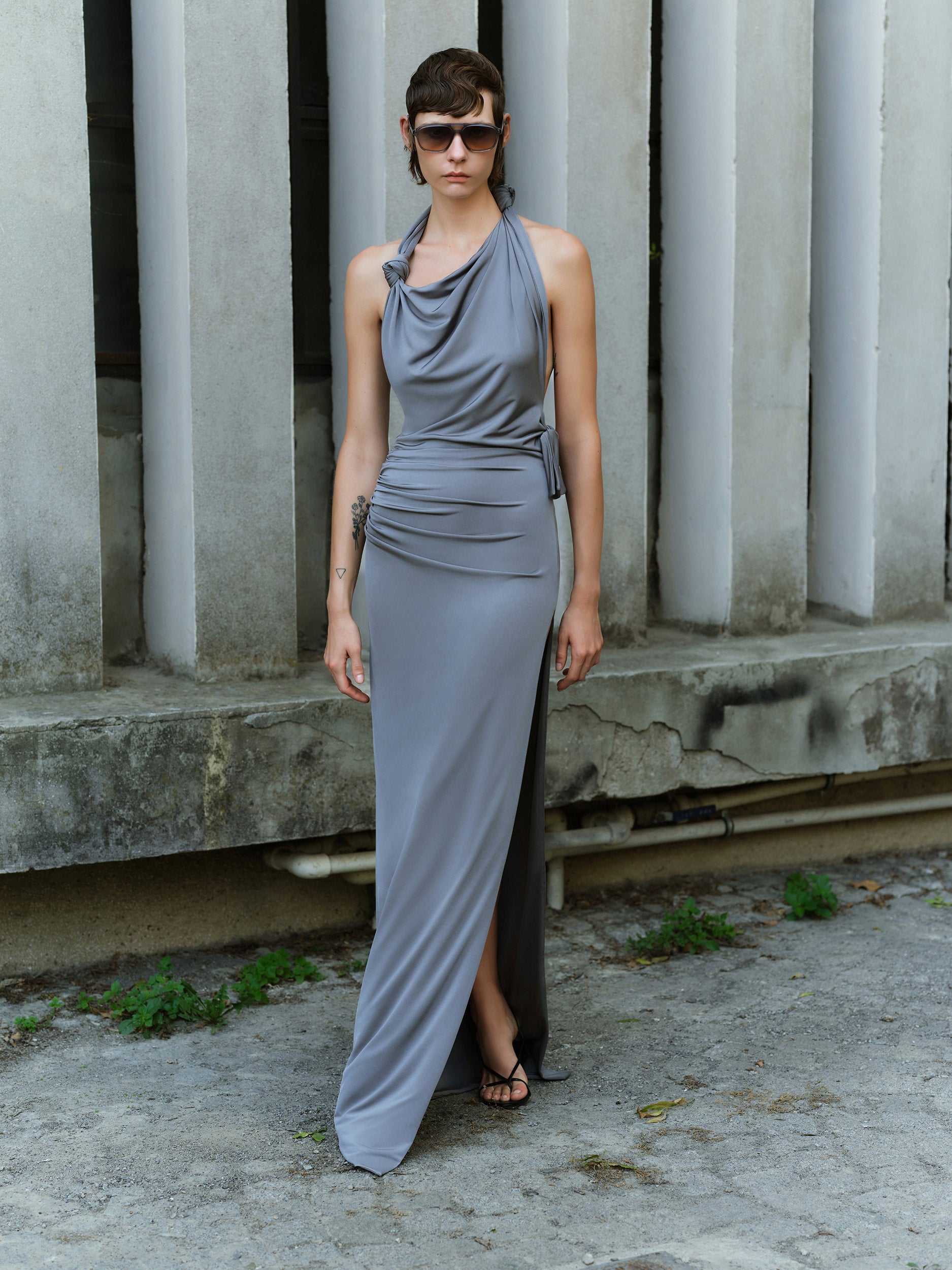 harper maxi dress Harper-Asymmetrical Cowl-Neck Open-Back Jersey in Grey – ILA Official Exclusively desgined by Fortunate Size:S / UK8 / US4 related_to_098031 BHLDN Elora Sleeveless V-Neck