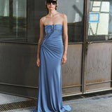 Clara-Strapless Jersey Maxi Dress With Ruhed Tail And Multiple Buckle Details in Blue