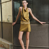 Alessia-Draped-High-Neck Satin Mini Dress