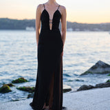 Donna-V-Neck Chiffon Maxi Dress With Metal Accessory Detail
