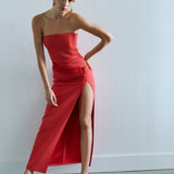 Lia - Satin Detailed Strapless Midi Dress