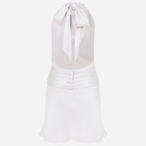 Monica - Draped High Neck Bias Cut Satin Mini Dress in White