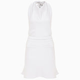 Monica - Draped High Neck Bias Cut Satin Mini Dress in White