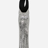 Lone - Cowl Neck Cut Out Detailed Silver Sequin Maxi Dress