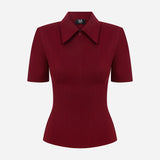 Kate - Polo Neck Corset Detailed T-Shirt in Burgundy