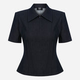 Kira - Polo Neck Corset Detailed Denim T-Shirt