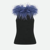 Bria Feather-Trim Tank Top in Black