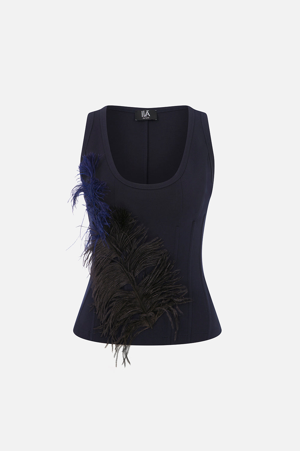 Ilina Feather-Trim Structured Tank Top in Navy Blue