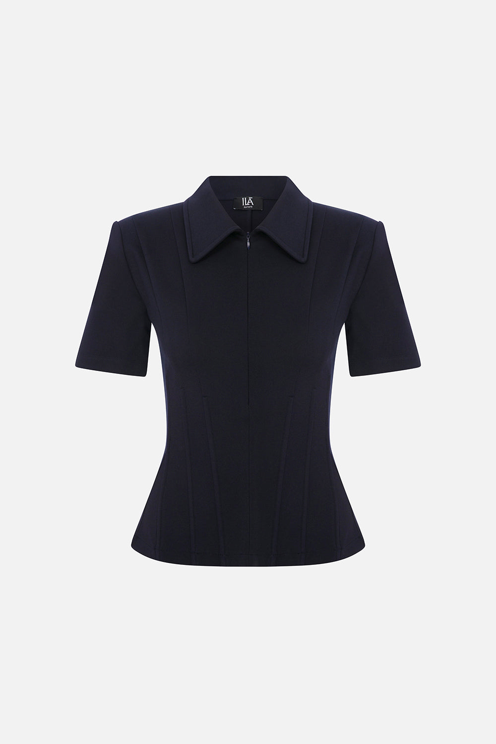 Kate Polo Neck Corset Detailed T-Shirt in Navy Blue