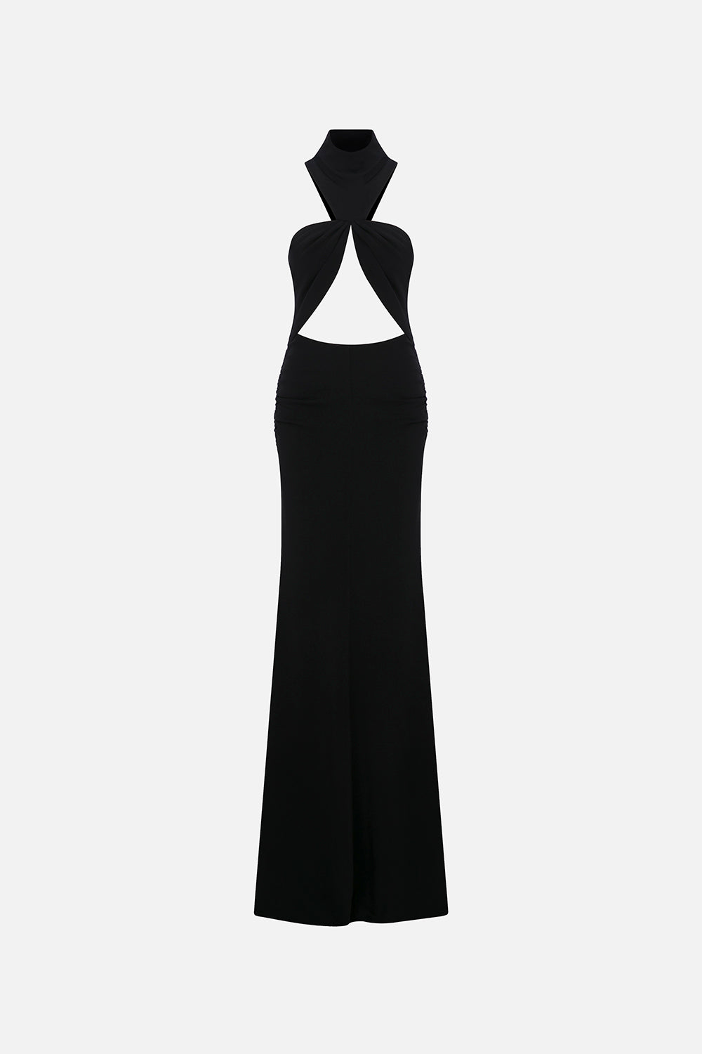Valora High-Neck Ruched Maxi Dress in Black